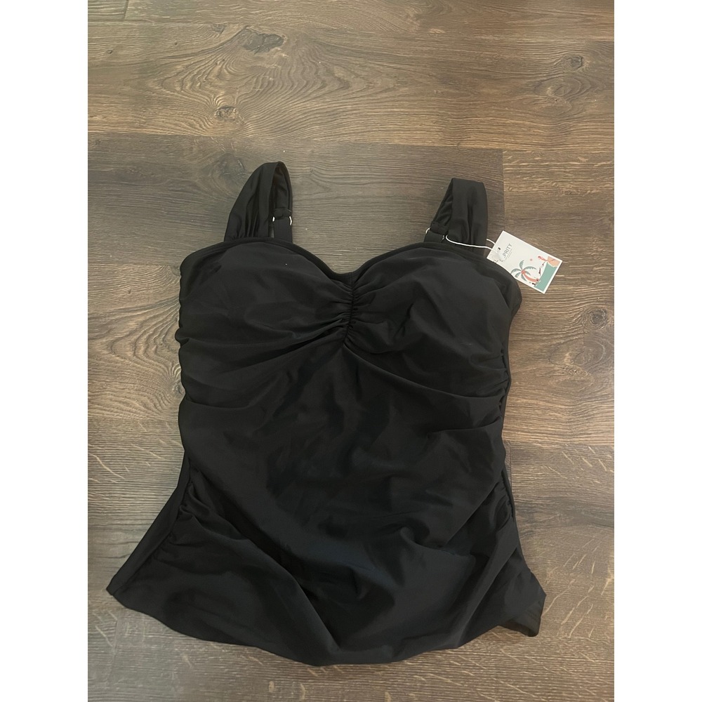 B2PRITY Womens XL Tankini Top Black Ruched Sweetheart Neck Swimwear NWT